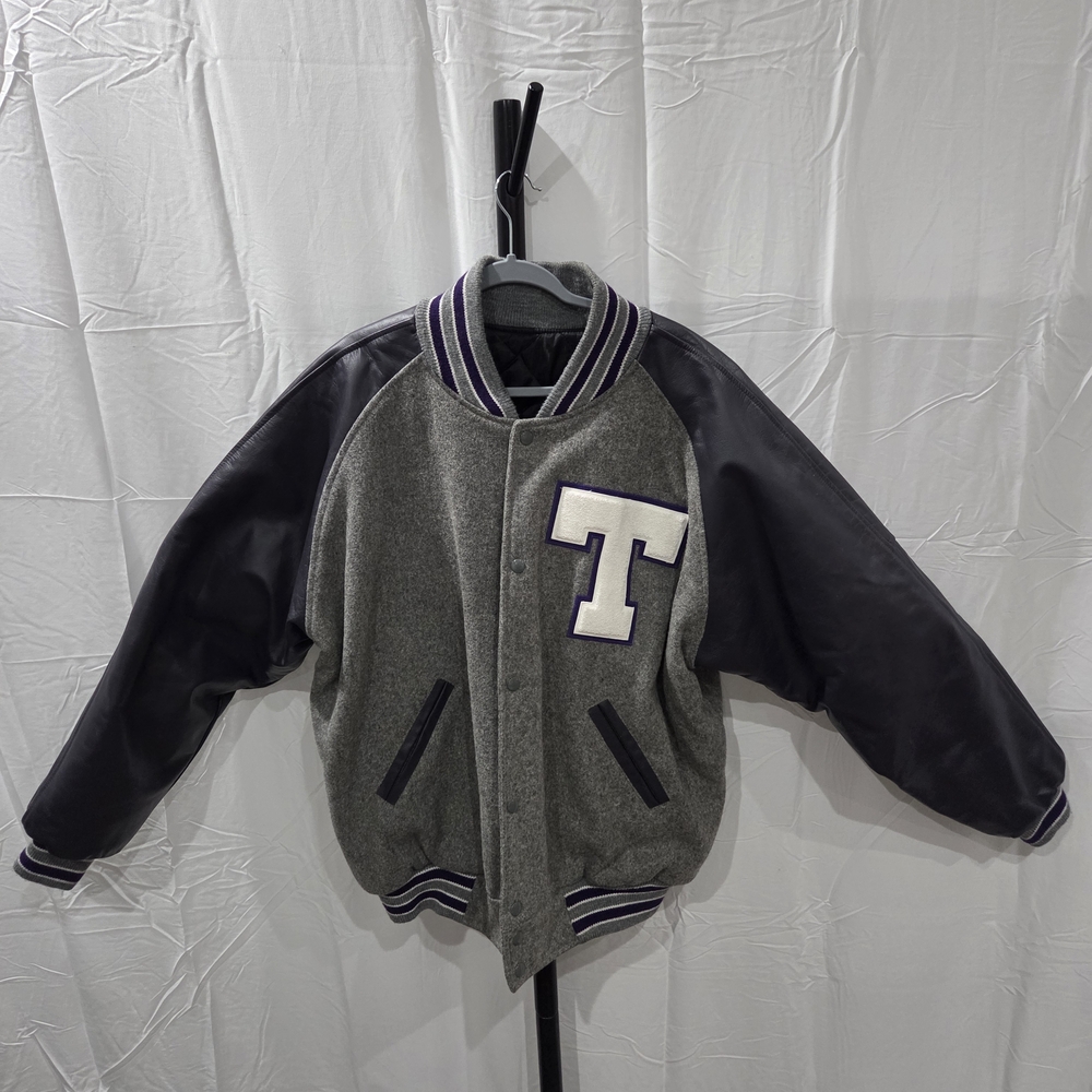 Vintage TCU Men's Grey & Purple Varsity Letterman Jacket with 'T' Patch.